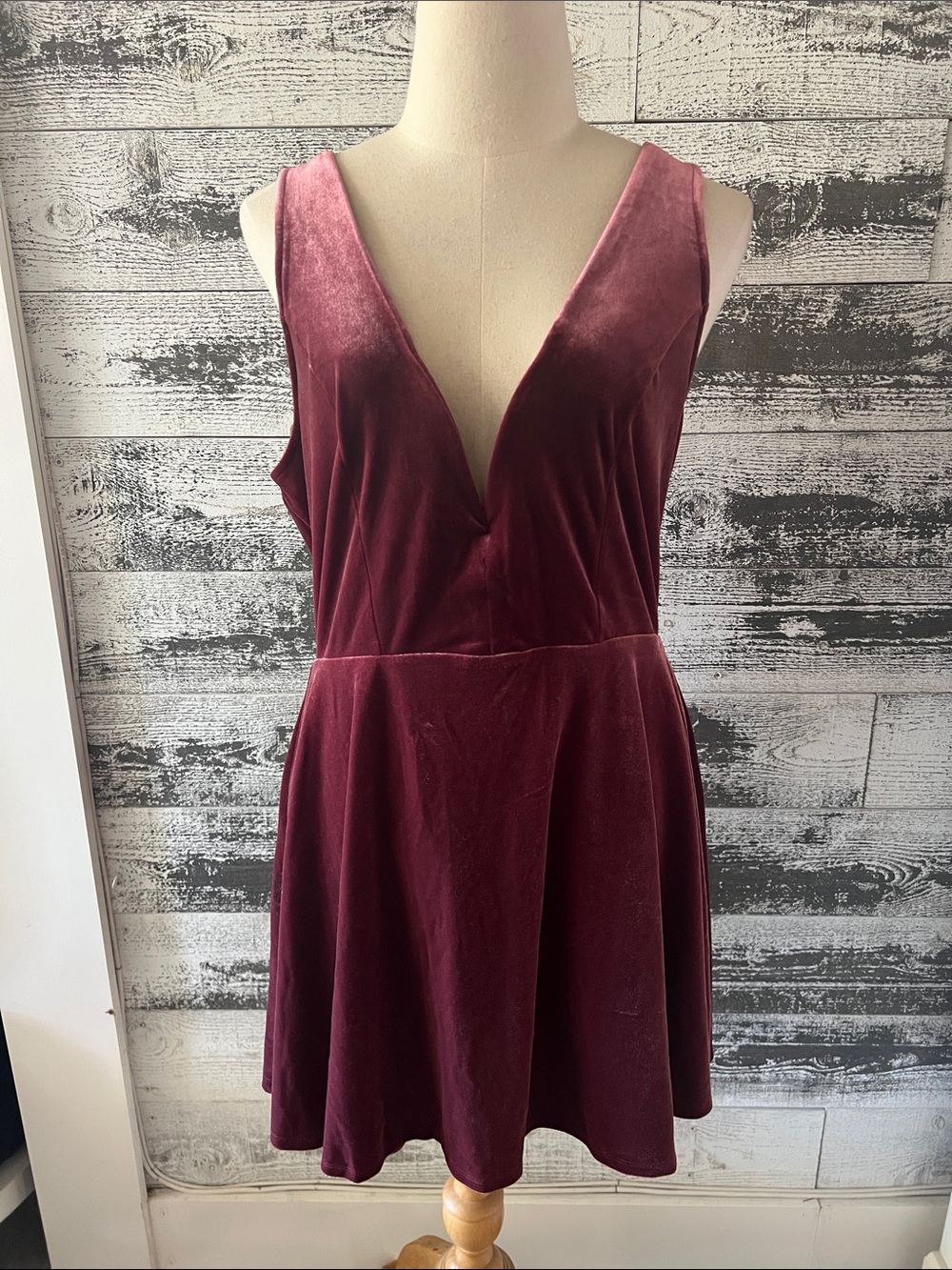 Express Plum/burgundy velvet V‑Neck Sleeveless Dress with hidden shorts.